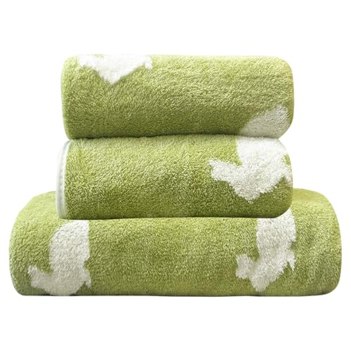 Lacomfy Green Bath Towel Set 3 Pack Cartoon Rabbit Pattern Hand Towels Velvet Fleece Cute Bath Towels Soft and Absorbent Towels Set for Bathroom, Shower, Spa (Green Rabbit)