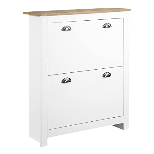 HOMCOM 2 Drawer Shoe Cabinet Modern Narrow Shoe Cupboard Hallway Wooden Storage Organiser with Flip Doors Adjustable Shelf for 6-12 Pairs, White