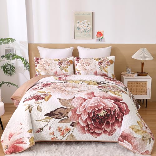 "WONGS BEDDING Floral Quilt Set King, 3 Pieces Elegant Blush Flower Bedspread Coverlet Set for All Season, Farmhouse Soft Microfiber Reversible Pink Quilt Bedding Set with 2 Pillow Shams 104""X90"""