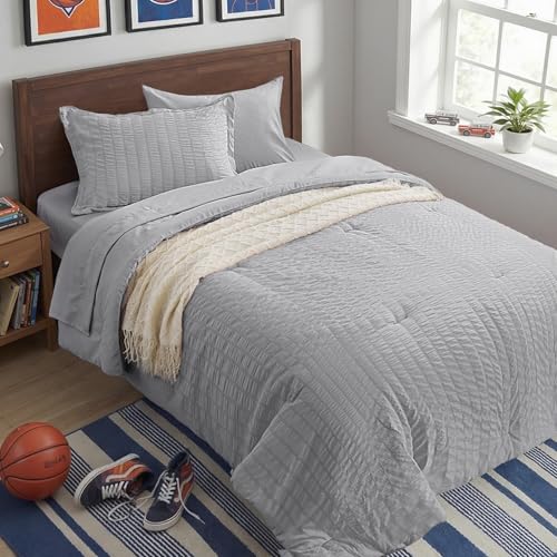 Zzlpp 5 Piece Light Grey Seersucker Bedding Set with Comforter, Pillowcases, Pillowcases, Flat Sheet, Fitted Sheet
