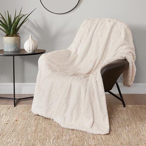 "Lucky Brand Embossed Cable Rabbit Faux Fur Throw Blanket - Ivory - 50""X70"" - Plush & Soft"