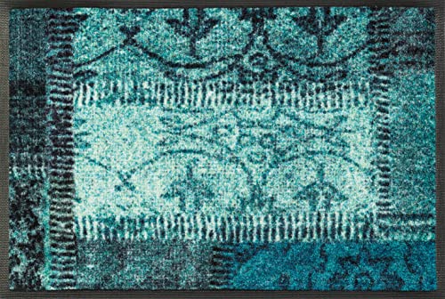 Wash + Dry Vintage Patches Turquoise Doormat, Acrylic, Green, 40 x 60 x 0.7 cm