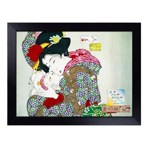 Lap Tray with Bean Bag Cushion, Playing With The Cat By Tsukioka Yoshitoshi - Handmade in the UK, Raised Wooden Edge, Padded Cushion, Heat-Resistant Wipe-Clean Surface, for Meals, Laptops and Crafts