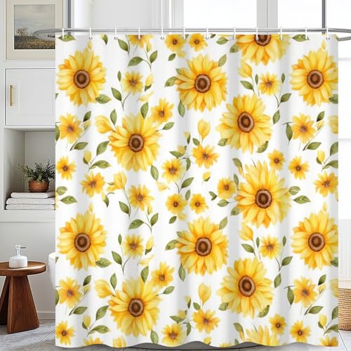 dnldliq Sunflower Shower Curtain Rustic Farmhouse Watercolor Sunflower Bathroom Curtain Botanical Yellow Flowers Pattern Shower Curtain Waterproof Fabric Decor 48x72Inch