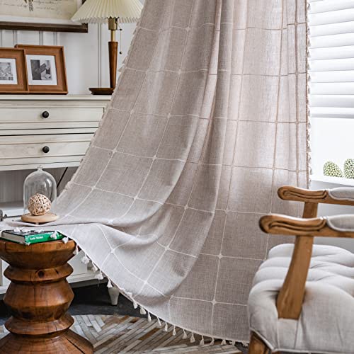 "ColorBird Farmhouse Semi-Blackout Window Curtains 2 Panels Embroidery Lattice Cotton Linen Darkening Curtains with Tassel Rod Pocket Window Drapes for Dining Living Bedroom (52"" W x 84"" L, Linen)"