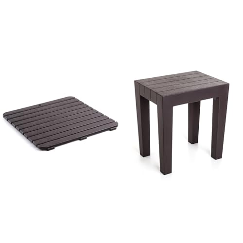 TATAY Square Shower Platform of Resistant plastic, Wood Effect Finish. + Rectangular stool made of brown textured polypropylene, with wood effect finish