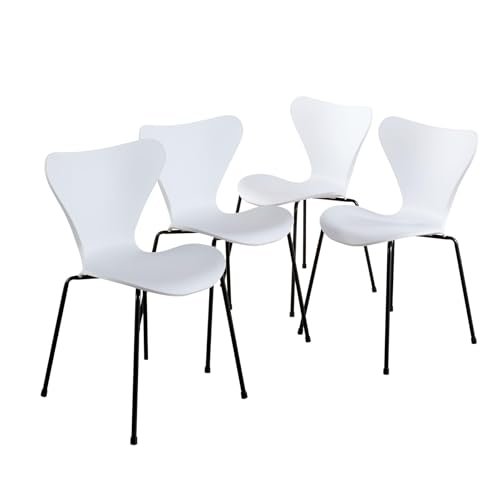 Home Source Set of 4 Dining Chairs, Curved Wingback Supportive Backrest, Retro Sturdy Iron Tube Legs, Kitchen Dining Seating, White