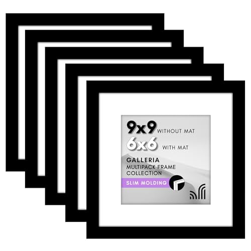 Americanflat 9x9 Picture Frame Set of 5 in Black - Use as 6x6 Frame with Mat or 9x9 Frame Without Mat - Gallery Wall Frame Set with Plexiglass Cover, Hanging Hardware, and Easel for Wall and Tabletop