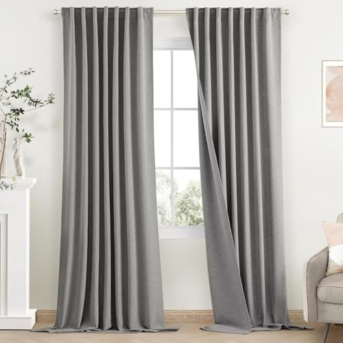 SimpleHome 100% Blackout Linen Grey Living Room Curtains 52W x 84L - Farmhouse Back Tab Living Room Curtains,Textured Rod Pocket Bedroom Curtains,2 Panels Room Darkening Curtains,84 Inches Long