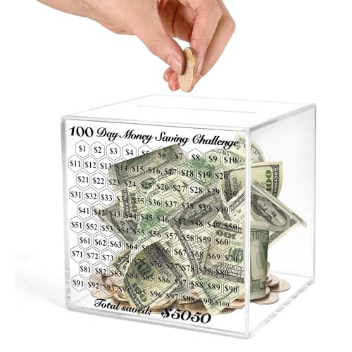 LingLingo Piggy Bank for Adults, Unbreakable Piggy Bank, Clear Acrylic Money Box, 100 Day Money Saving Challenge Box for Cash Coin, Must Break to Open, Easy and Fun Way to Save $5,050