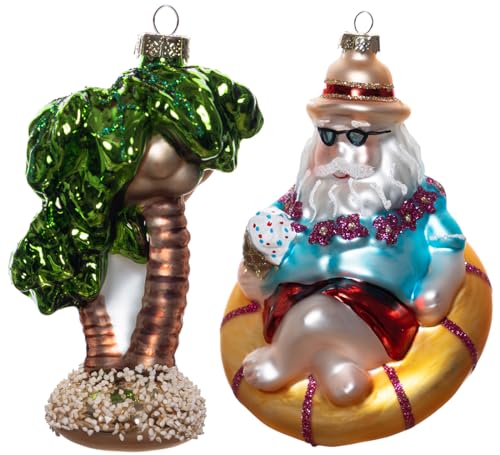 GAUMAANLEI Set of 2 Blown Glass Summer Beach Santa Relaxing on Float Ornaments for Christmas Tree and Glass Tropical Coconut Tree Ornament