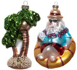 GAUMAANLEI Set of 2 Blown Glass Summer Beach Santa Relaxing on Float Ornaments for Christmas Tree and Glass Tropical Coconut Tree Ornament
