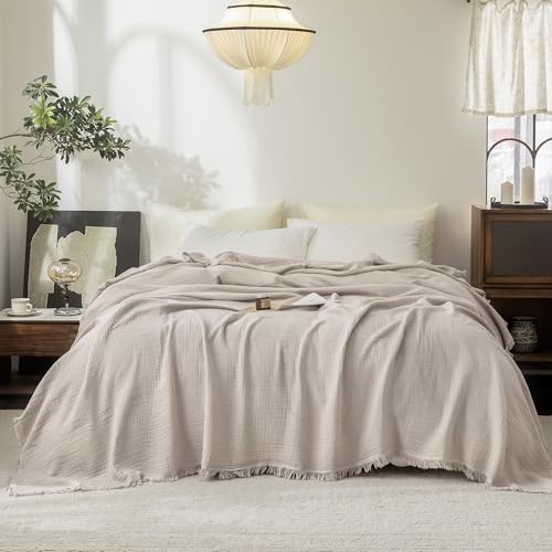 "FOSSA Muslin Blanket 4-Layer 100% Cotton Gauze Blanket with Fringe 108""x98"" - Super Soft Breathable Lightweight All Season & Decforative Blanket for Bed, Sofa, Office"