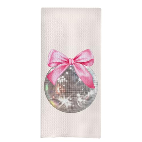 uinwk Coquette Pink Bow Disco Ball Kitchen Towels, Pink Preppy Hand Towels for Bathroom, Preppy Coquette Bathroom Decor, Pink Bow Dish Towels Tea Towels for Kitchen, 16x24 Inches, White