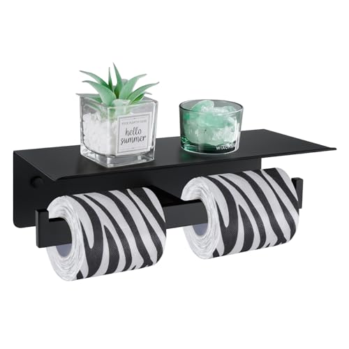 Angle Simple Matte Black Double Toilet Paper Holder with Shelf, SUS304 Paper Roll Dispenser with Storage Shelf for Bathroom Wall