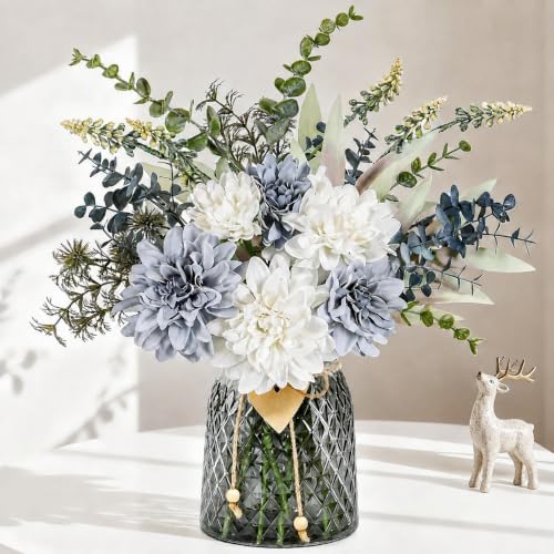 Xdalula Home Decor Fake Flowers with Vase - Artificial Flowers Fake Plants Bouquet Decoration Realistic Dahlias, Hydrangeas, Eucalyptus Decor Modern Silk Flowers for Dining Table, Kitchen (Purple)