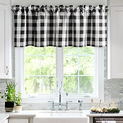 Hiasan Buffalo Plaid Curtains Valances for Windows - Black and White Semi Sheer Checkered Rod Pocket Valance for Living Room, Farmhouse, Bedroom, 60 x 18 Inches Length, 1 Panel