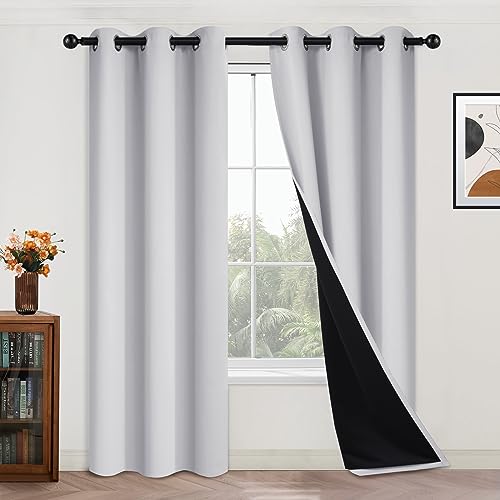 "Yakamok Greyish White 100% Blackout Curtains 84 Inches Long, 2 Thick Layers - Blackout Curtains for Bedroom/Living Romm Full Light Blocking Soft Thermal Insulated Drapes for Bedroom 42"" Wide Each Panel"