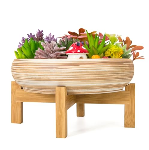 ARTKETTY Succulent Plant Pots - 25.5CM Large Bonsai Pot with Drainage Stand, Shallow Succulent Planters for Indoor Plants Decorative Flower Cactus Planter Bowl