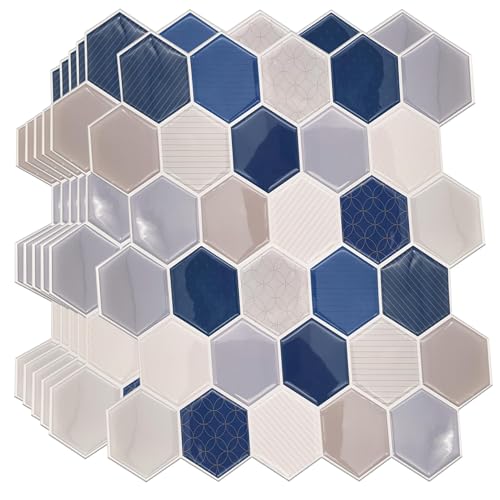 WALPLUS 36 Sheets Honey Hexa Blue and Cream Glossy 3D Hexagonal Tile Stickers 30x15cm Wall Splashbacks Vinyl Stick on Tiles Backsplash Peel and Stick Bathroom Kitchen Decor Tile Paint