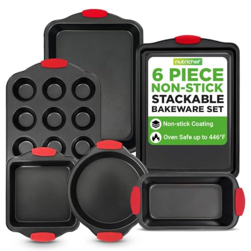NutriChef Baking Trays Sets for Oven Non Stick, 6 Piece Oven Tray Set, Includes Bakeware Cookie Sheets Pan, Loaf Pan, Muffin Tins, Cake Tin, Black w/Red Silicone Handles