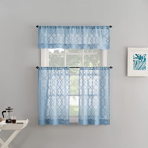 "No. 918 Tina Geometric Clipped Semi-Sheer Rod Pocket Kitchen Curtain Valance and Tiers Set, 54"" x 36"", Tranquil Blue"