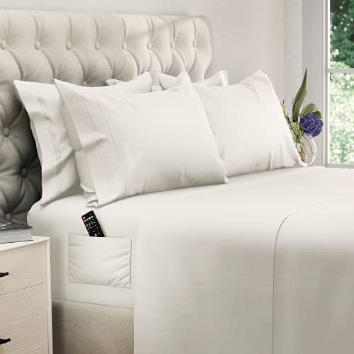 "DREAMCARE California King Sheet Sets - 6 pcs Breathable Cooling Bed Sheets - up to 21"" Extra Deep Cal King Sheets with Side Pockets - Extra Soft 100% Brushed Hypoallergenic Hotel Luxury Bedding -Ivory"