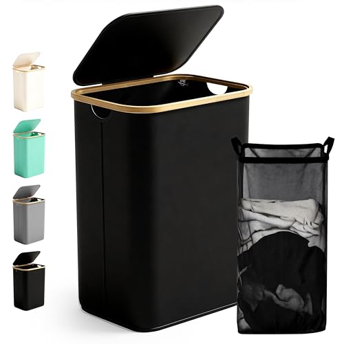 Ribelli Laundry Basket 85 Litres, Foldable Laundry Hamper with Lid and Removable Laundry Bag, Laundry Bin Slim for Laundry Room, Bathroom, Bedroom, Black