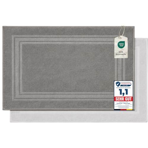 Komfortec Bath Mat Set, 2 Pieces, Terry Cloth Shower Mat, Washable Shower Mat & Bath Mat, 600 g/m² & 100% Cotton, Absorbent & Quick Drying, 50 x 70 cm, Silver Grey/White