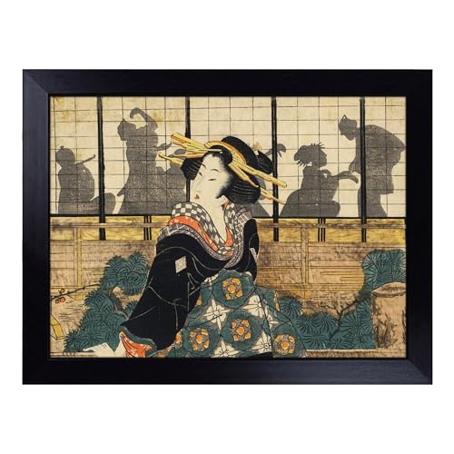 Lap Tray with Bean Bag Cushion, Eizan Kikukawa Japanese Oriental Art - Handmade in the UK, Raised Wooden Edge, Padded Cushion, Heat-Resistant Wipe-Clean Surface, for Meals, Laptops and Crafts