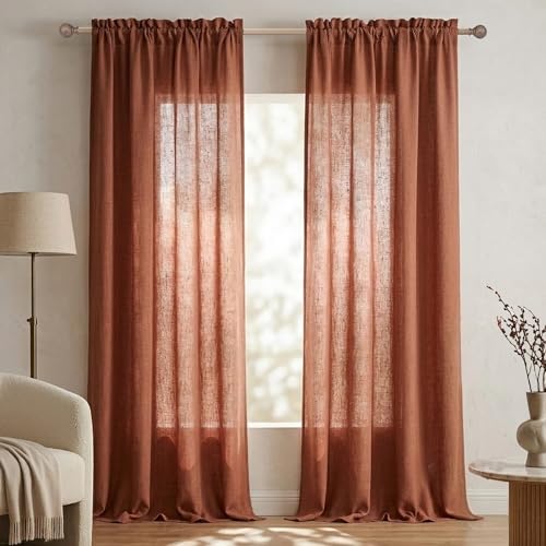Mrs.Naturall Terracotta Linen Curtains 102 Inch Long for Living Room & Bedroom 2 Piece Set with Rod Pocket Translucent Semi Sheer in Rust Orange Western Decor 52x102 Inch