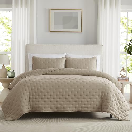 WDCOZY Beige Cloud Quilt King Size Bedding Set with Pillow Sham, Tan Puffy Cozy Lightweight Bedspread Coverlet, Taupe Camel Soft Cute Bed Cover for All Season - 3 Pieces, 104x90 inches