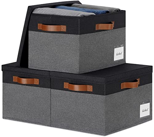 PFFVRP Large Storage Bins with Lids, Foldable Fabric Storage Baskets with Lids, Sturdy Storage Boxes with Labels and 3 PU Handles for Closet Home Bedroom Office (26L, 3 Packs, Grey&Black)