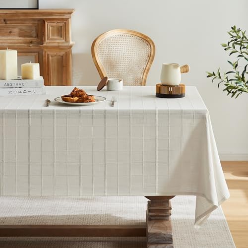 ZeeMart Linen Checked Rectangle Table Cloth 52x70 Inch Ivory - 3D Grid Jacquard Texture, Smooth Edge Draping, Water???Resistant Coating, Easy???Clean Decorative Dining Table Cover