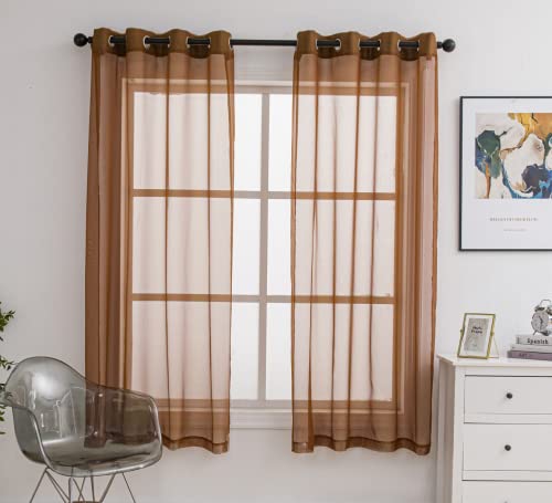 PI Sheer Curtains Panels Ring Top Airy Voile Window Draperies for Dining Room 2 Panels (W52 X L72, Caramel Brown)