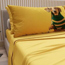 PETTI Artigiani Italiani - Animal Bed Linen with Dogs in Cotton with Pillowcases in Digital Print, Pizza and Half Sheets, Yellow Double Bed Set, 100% Made in Italy