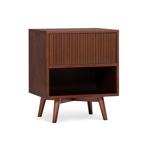 Teamson Home Tremolo Bedside Table with 1 Push-Open Drawer, Open Shelf Storage and Fluted Wood Detailing, Natural