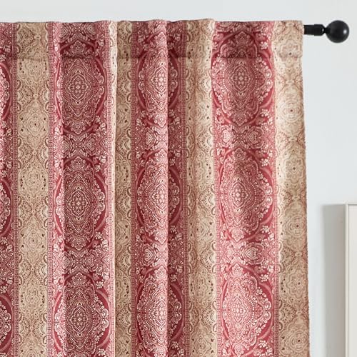 HLC.ME William Boho Damask Striped Patterned Window Back Tab Rod Pocket Print Curtains Bedroom - Light Blocking Darkening Window Panels, Set of 2 (Rust Orange, 52 W x 84 L)