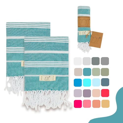 "Yazz Turkish Cotton Hand Towels - Set of 2, 18"" x 30"" inches, Cotton Turkish Hand Towel Sets Clearance, Hand Face Towels, Decorative Peshtemal Turkish Hand Towels (Petrol)"