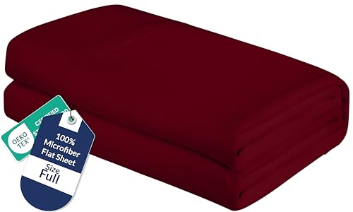 Royale Linens Full Flat Sheet - Ultra Soft Brushed 1800 Microfiber Flat Sheets Only - Wrinkle Free & Stain Resistant - Hotel Quality Top Sheet for Bed (Full, Burgundy)