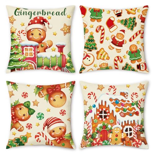 NymphFable Linen Gingerbread Throw Pillow Covers 45x45 cm Set of 4 - Candy Christmas Decorative Pillow Covers, Cute Holiday Home Decor, for Couch Bed Chair Sofa Living Room