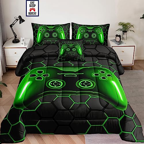 lris Bedding 5 Pieces Bed in a Bag for Boys Sets Twin Size,Gamer Comforter Kids, Gaming Set Room Decor with Flat Sheet,Fitted Sheet,Pillowcase,Cushion Cover, A34-green