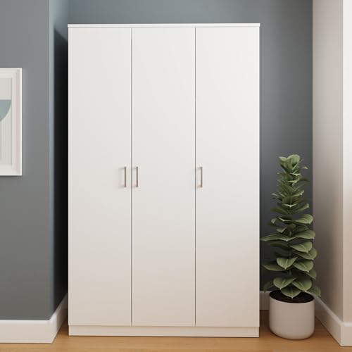 GFW Bailey White 3 Door Wardrobe, Bedroom Clothes Storage Cabinet with Hanging Rail and Shelves, Modern Minimalist Furniture