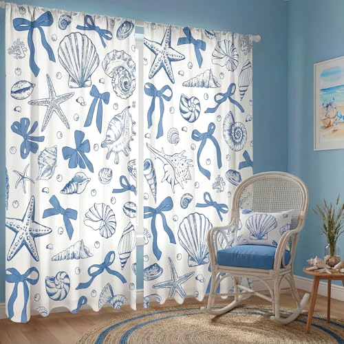 SmoothNovelty 2 Pcs Summer Curtains for Living Room Bule Bow Shell Starfish Curtains 52 x 84 Inches Summer Window Drapes Bedroom Party Decor
