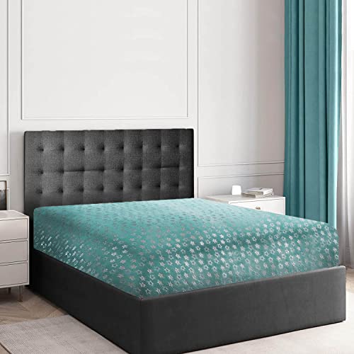 GC GAVENO CAVAILIA Teddy Fleece Star Foil Duvet Set, Super Soft Fluffy Cosy Warm Shiny Bedding & Bedsheet, 2 Piece Easy Care DuvetCover & Deep Elastic Band Bedlinen, Aqua, Double Fitted Sheet