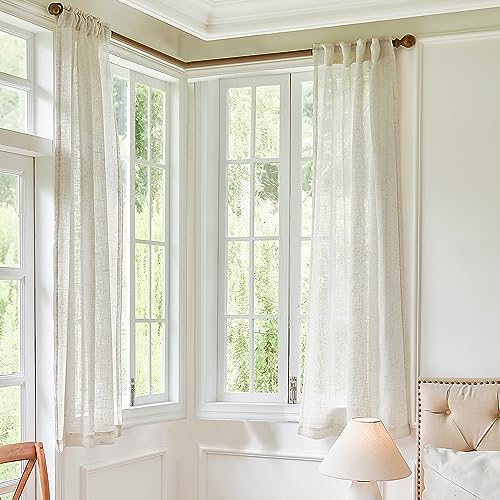 DUALIFE Natural Sheer Linen Curtains 45 Inch Beige for Small Windows 2 Panels, Back Tab Pocket Short Skinny Narrow Mini Sheer Curtains for Kitchen Bathroom Basement Farmhouse Decor 34x45 Ivory Cream
