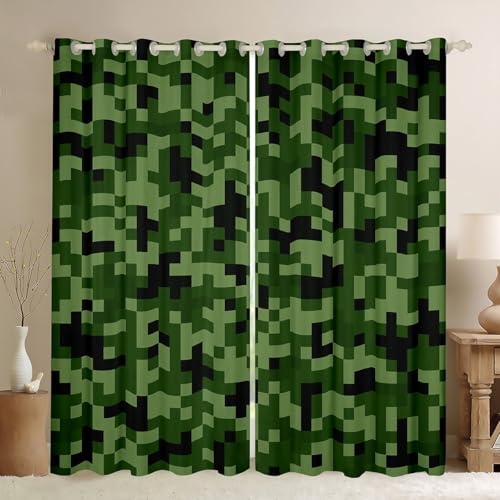 Green Camo Window Curtain,Army Green Camouflage Bedroom Decor Curtains for Kids Boys Teens,Geometric Grid Patchwork Window Treatment Soft 30-50% Blackout Drapes 2 Panels,52Wx84L