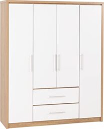 Seconique Seville 4 Door 2 Drawer Wardrobe in White Gloss/Light Oak