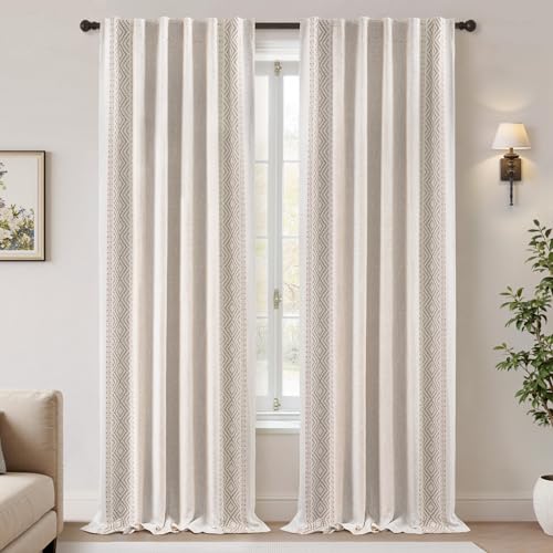 DriftAway Boho Linen Blackout Curtains Double Layer Thermal Insulated Farmhouse Vintage Geo Retro Square Printed Pattern Lined Drapes for Living Room Bedroom 96 Inches Long Back Tab 2 Panels Beige