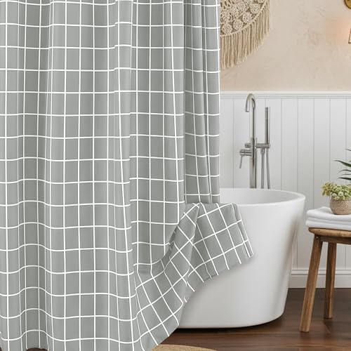 Biscaynebay Extra Long Shower Curtains-72x84 Inch Silver Grey Bathroom Modern Farmhouse Faux Linen Textured Grid Plaid Fabric Shower Curtain, Minimalist Simple Geometric Neutral Decor Washable
